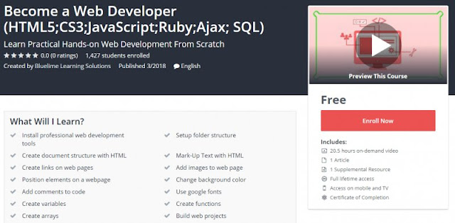 [100% Free] Become a Web Developer (HTML5;CS3;JavaScript;Ruby;Ajax; SQL)