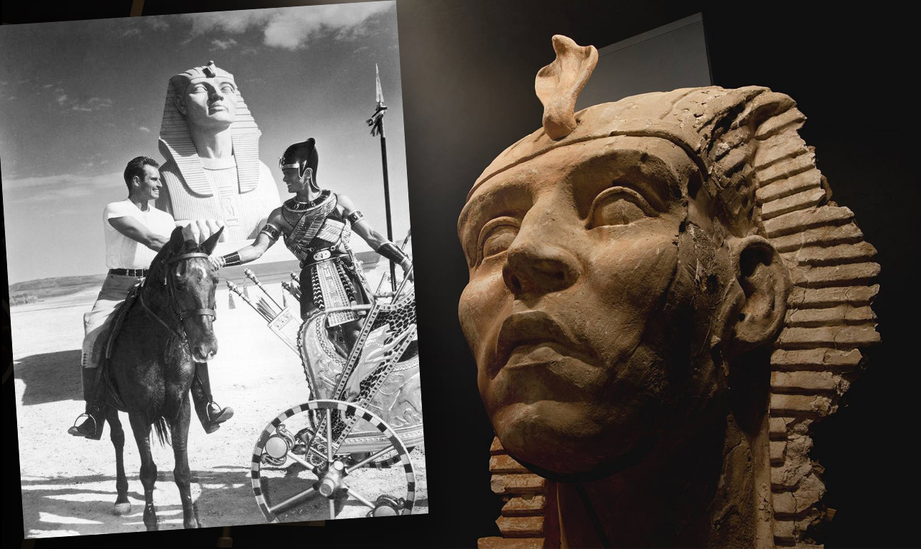 Αριστερά, καρέ από την ταινία και δεξιά, μία από τις αιγυπτιακές αρχαιότητες που βρέθηκαν θαμμένες κάτω από την άμμο. [Credit:Paramount Pictrures/Guadalupe-Nipomo Dunes Center/Facebook]