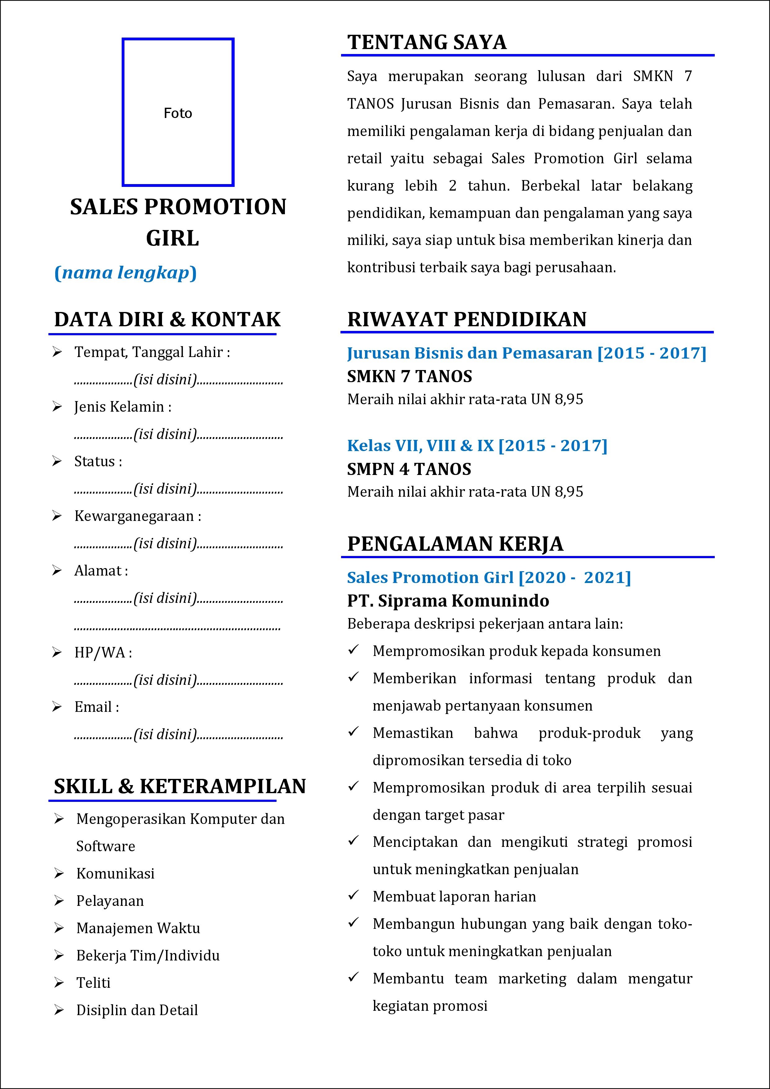 contoh 1 daftar riwayat hidup Sales Promotion Girl yang punya pengalaman kerja (experience)