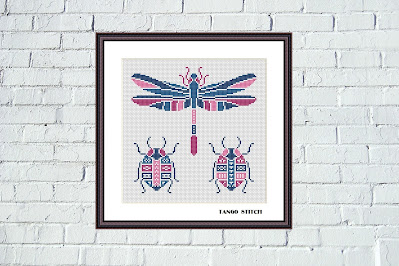 Dragonfly ornaments beetles stained glass cross stitch embroidery - Tango Stitch