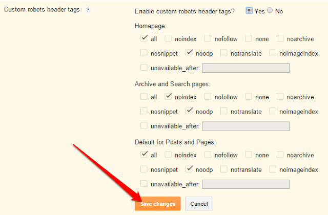 Custom Robots Header Tags Settings