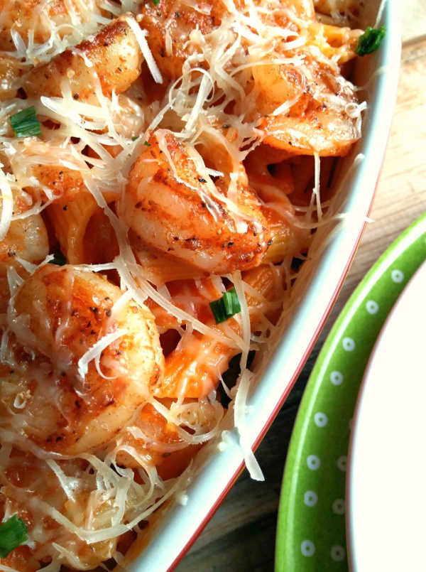 Easy Shrimp with Pasta! An easy pasta recipe with seasoned sauteed shrimp, your favorite pasta sauce and fresh parmesan that's ready in 30 minutes with variations for Primavera, Diablo, Alfredo, Carbonara and Pasta alla Vodka!