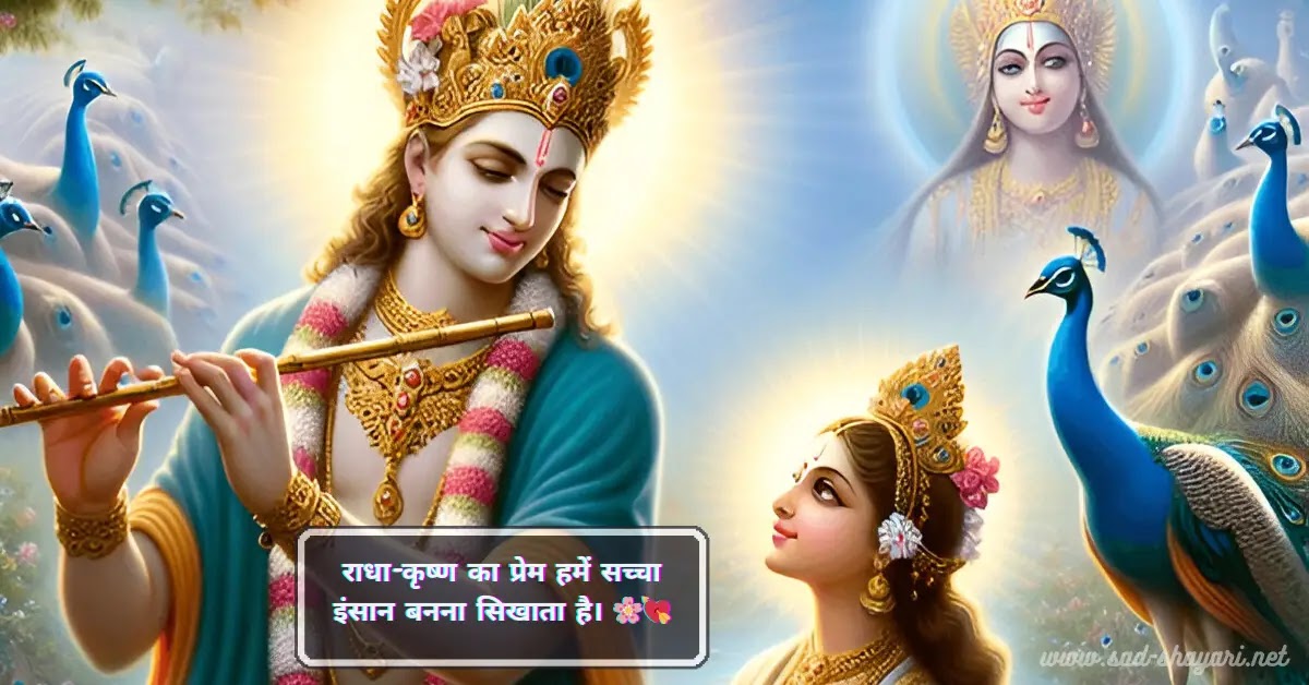 Radha and Krishna sitting on a swing, representing divine love in a serene garden setting