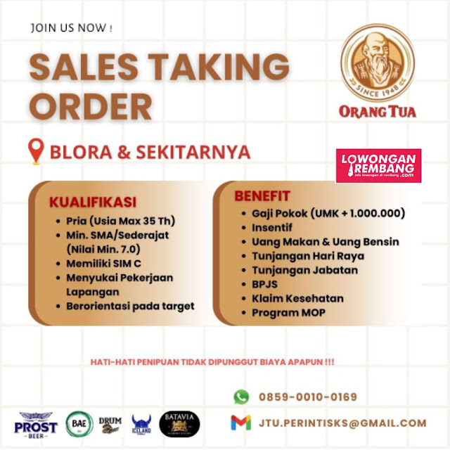 Lowongan Kerja Pegawai Sales Taking Order PT Orang Tua Rembang
