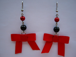 Handmade Earrings with Red Satain Bow and White and Red PEarls