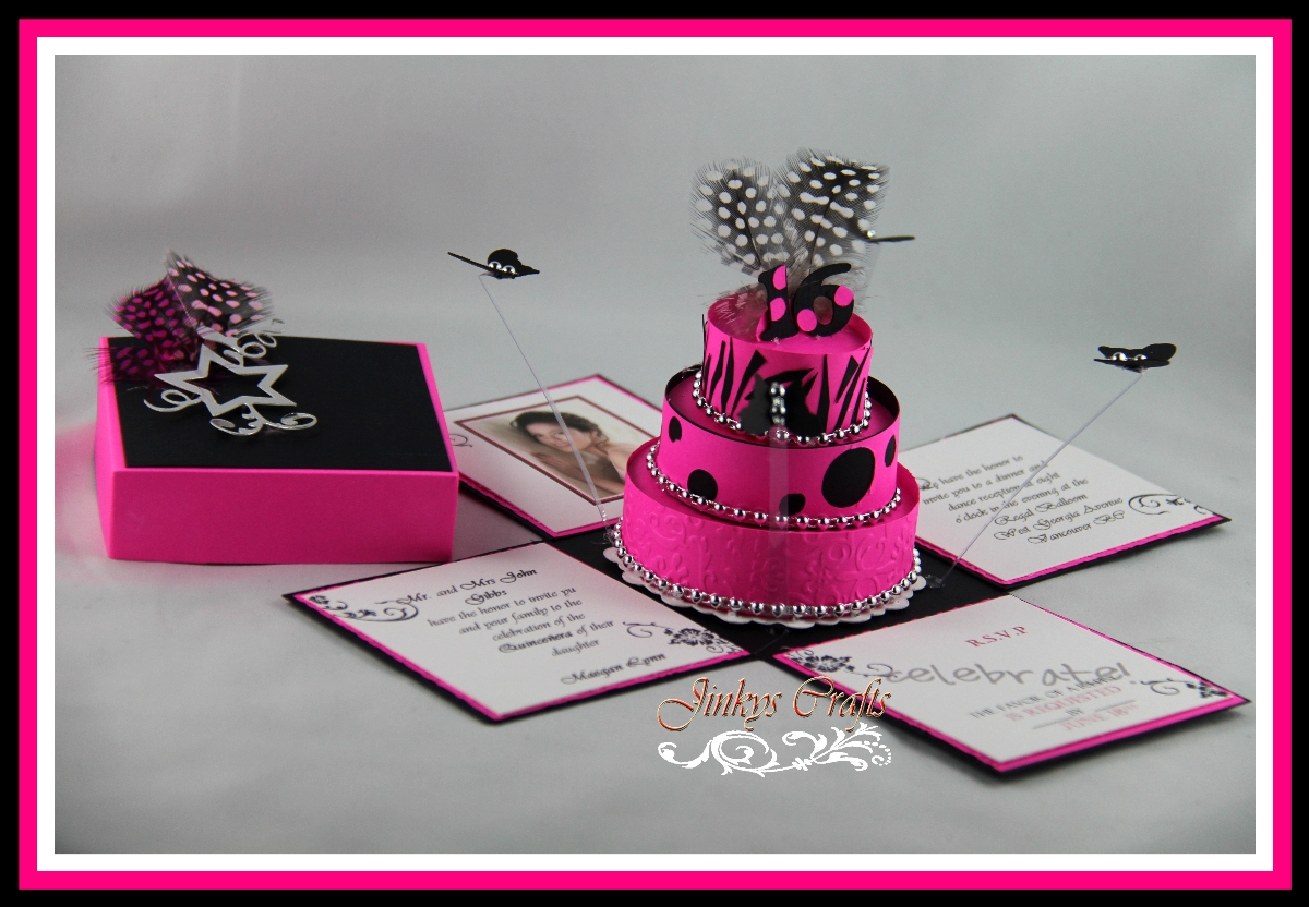wedding cake card boxes Hot Pink & Black Sweet 16 Exploding Invitation Box