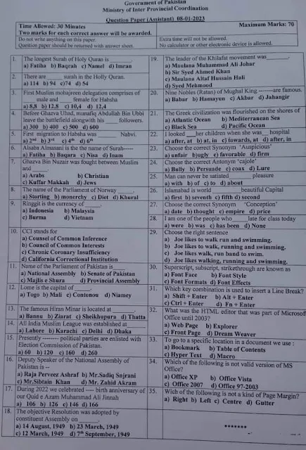 Assistant Ministry of inter-Provincial Coordination Past Paper MCQs with Answers