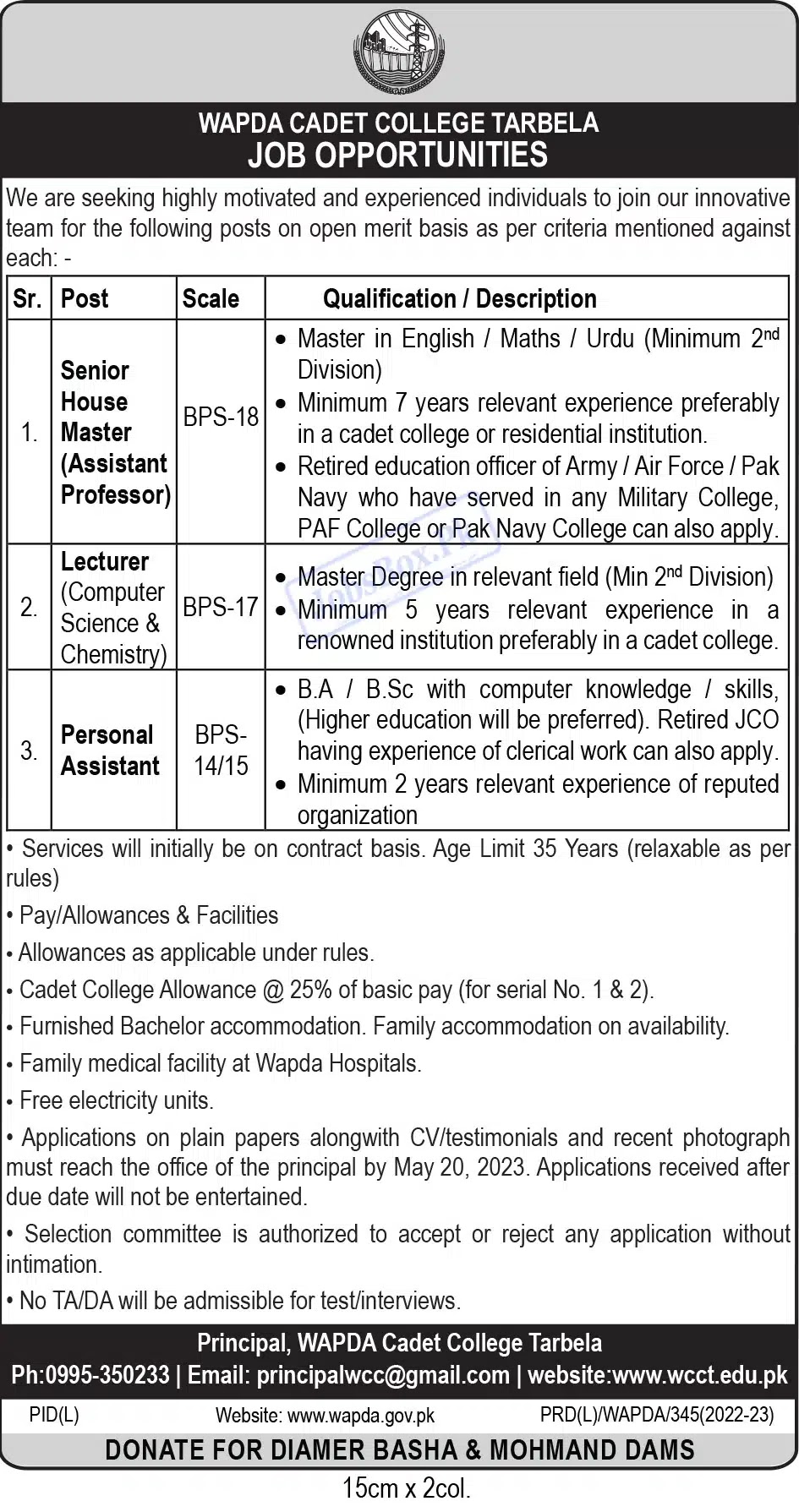 WAPDA Cadet College Tarbela Jobs Advertisement 2023