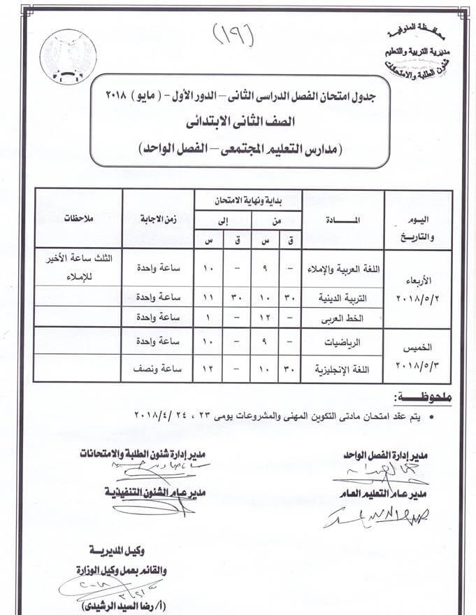 جدول امتحانات الصف الثاني الابتدائي الترم الثاني 2018 محافظة المنوفية