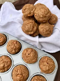 Finished tray and basket of whole wheat carrot applesauce mini muffins.