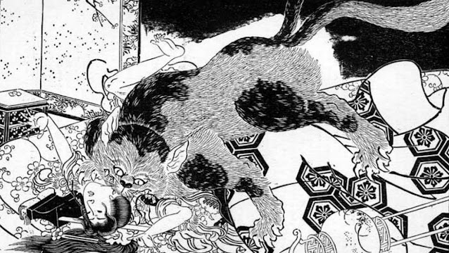 Некомата атакует. Иллюстрация из «Сказок старой Японии» Редесдейла. (1910)