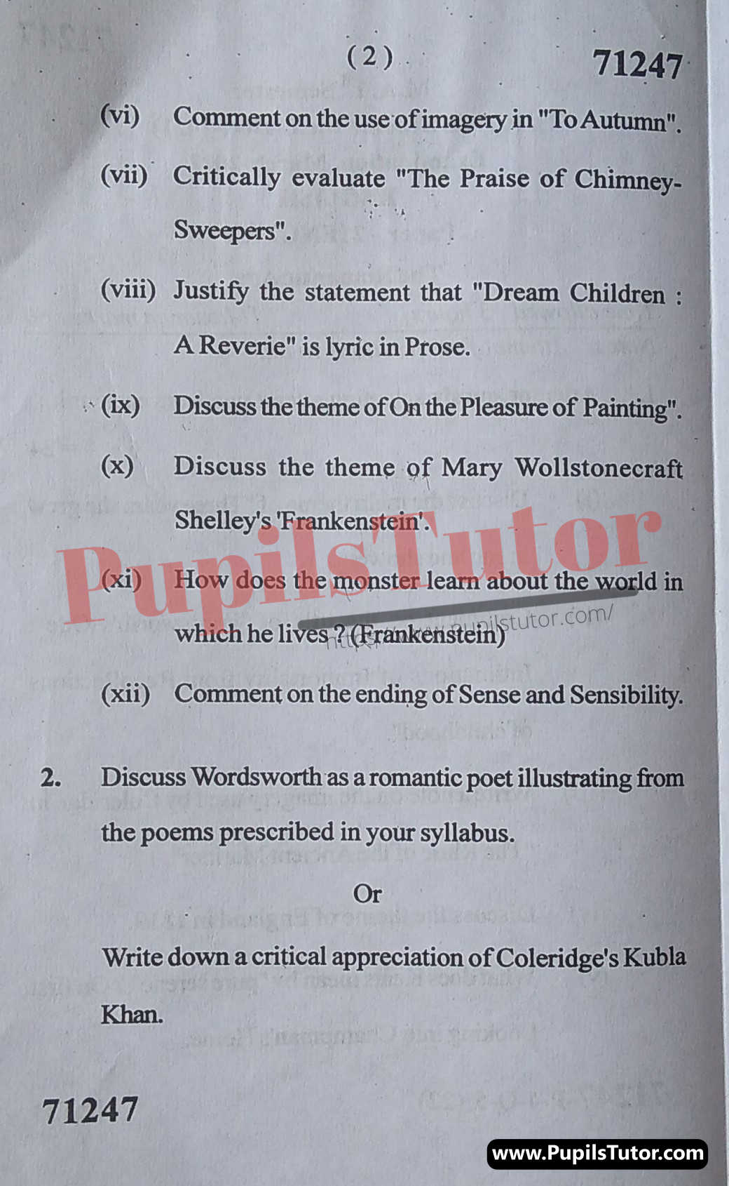 M.D. University M.A. [English] The Romantic Age First Semester Important Question Answer And Solution - www.pupilstutor.com (Paper Page Number 2)