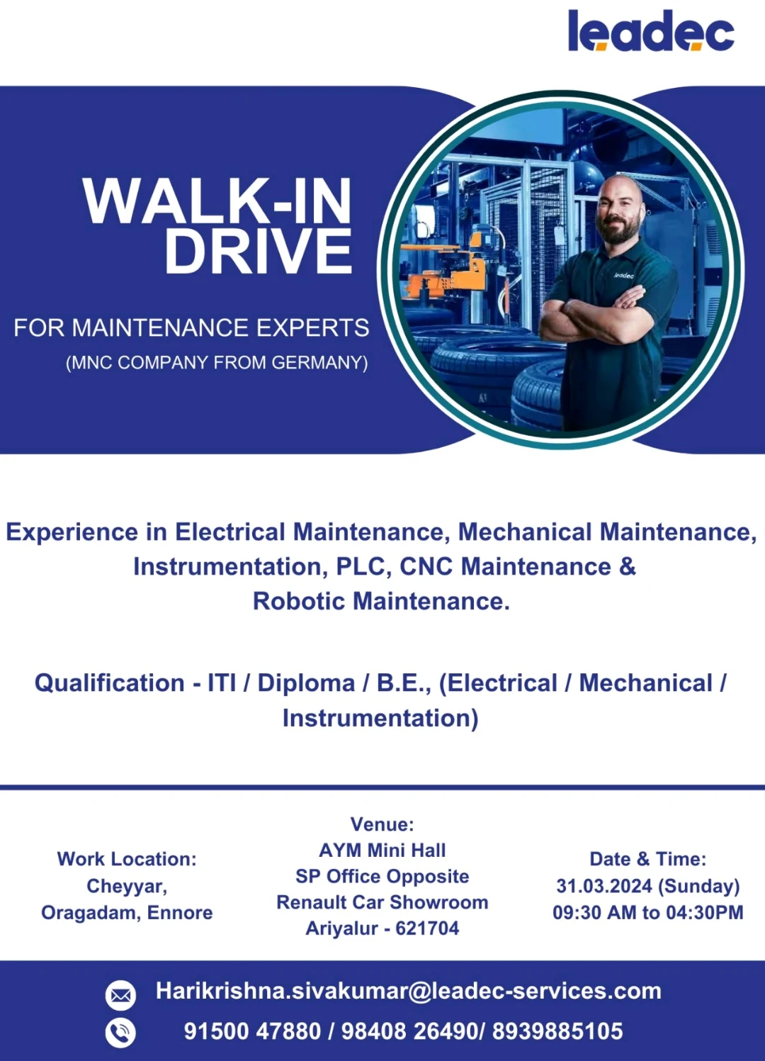 ITI, Diploma and BE Holders Jobs Vacancies for Mnc Company Maintenance Department | Walk-in Interview