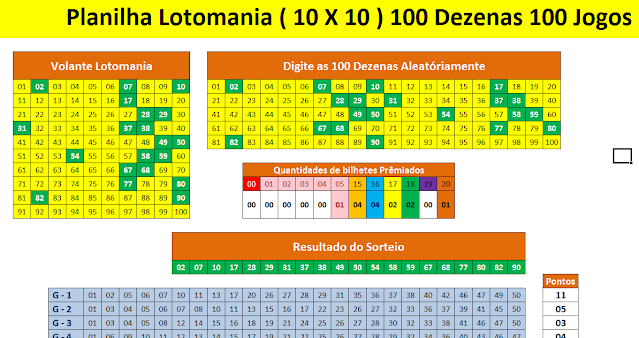 Planilha Lotomania 10x10 100 Dezenas 10 Jogos .