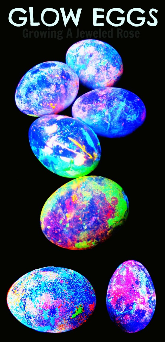 GLOW eggs - made using homemade glowing dye. A NEW, fun, & creative way to decorate Easter eggs with kids (from Growing A Jeweled Rose)