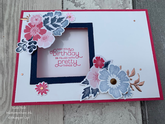 Birthday card with a window and flowers using the Everything Is Rosy medley. Stampin' Up