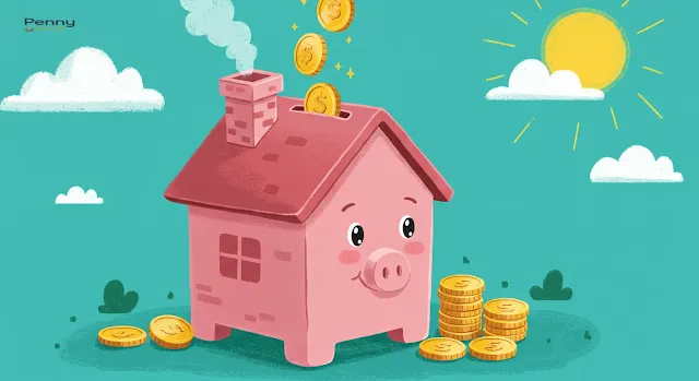 A piggy bank shaped like a house being filled with coins, illustrating how to save for a house