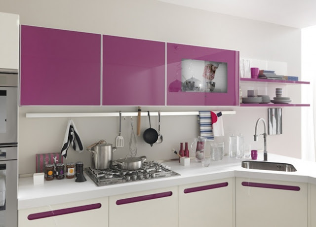 Contoh desain dapur minimalis warna ungu