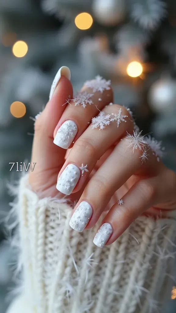 A woman's hand showcases short round nails in textured white polish, mimicking snowflakes, posed near cozy winter decor.