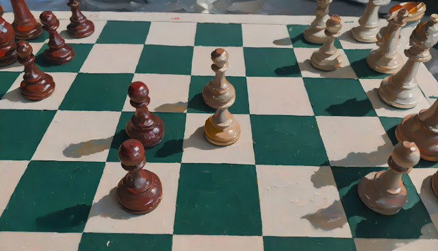 Oil Painting of the Center of Chess board with a falkbeer counter gambit.