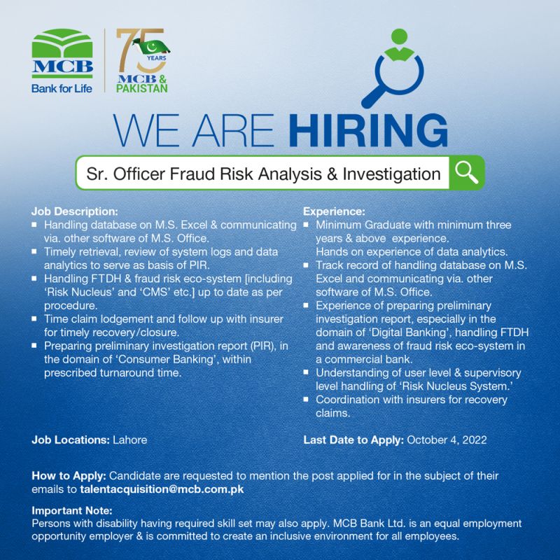 MCB Bank Ltd Jobs Announced for Sr.Officer Fraud Risk Analysis & Investigation