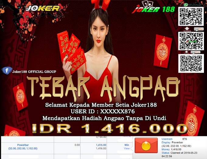 Selamat Kepada Member Setia Joker188, Mendapatkan Angpao Tanpa Diundi Periode 23 Mei 2019