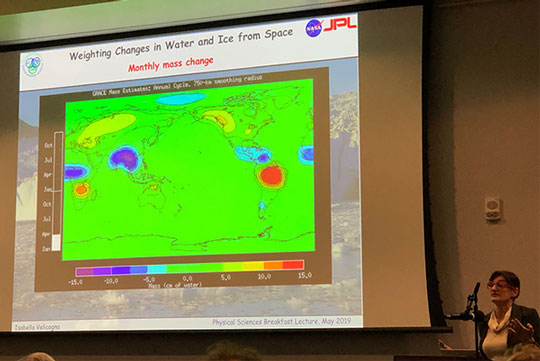 UCI Professor Isabella Velicogna explains how GRACE can track weight of worldwide rainfall at breakfast lecture (Source: Palmia Observatory)