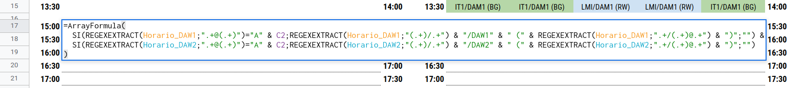 Fórmula para consolidar las clases vespertinas por aula.