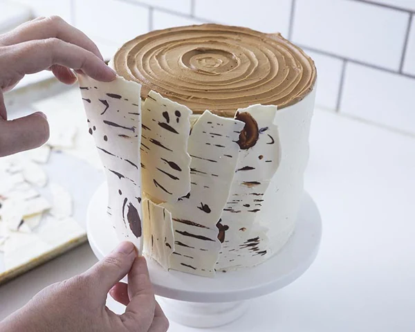 Place the strips of bark on the sides of the cake
