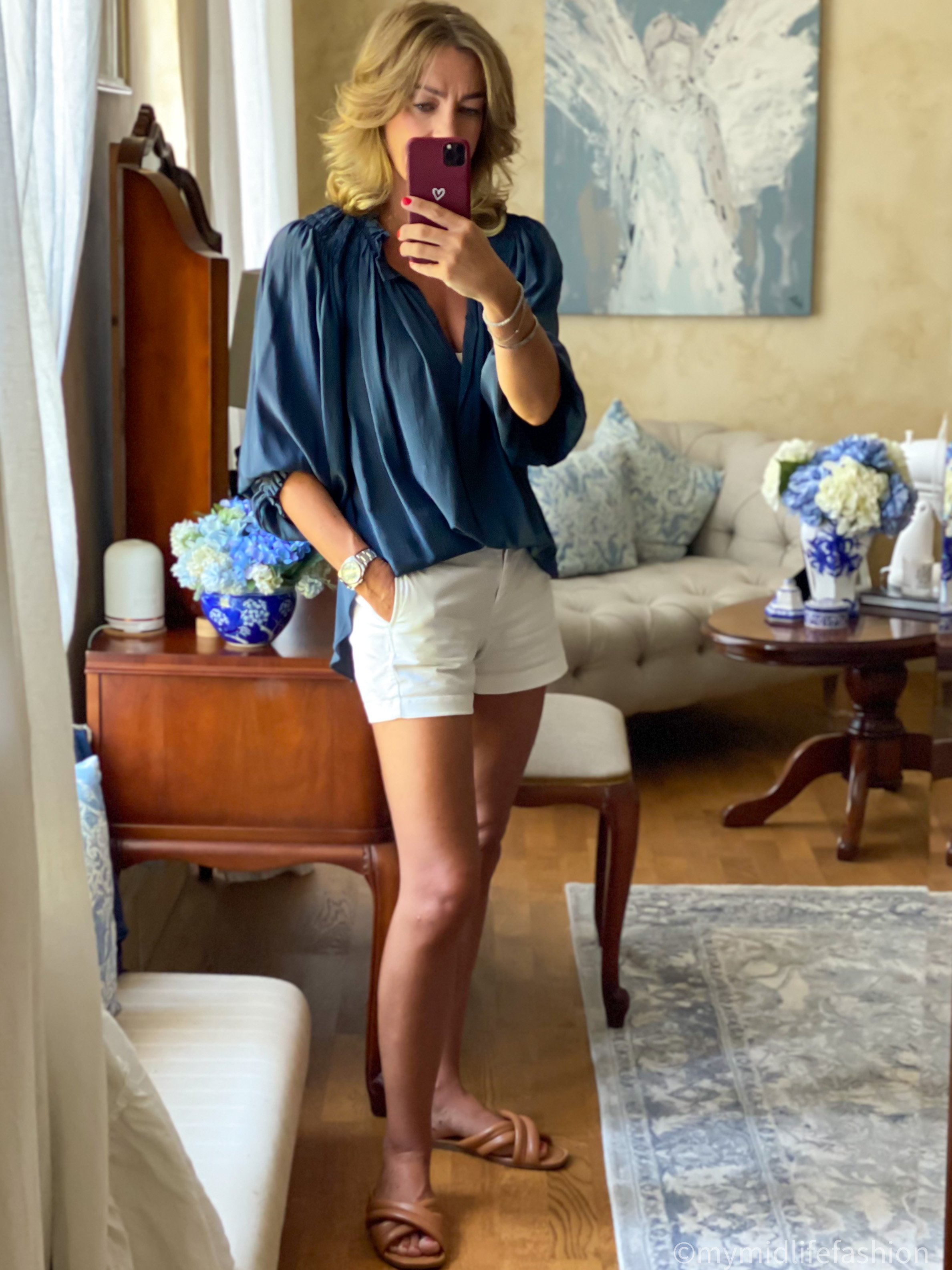 my midlife fashion, Isabel marant silk blouse, j crew chino shorts, hotter shoes Rimini sandals