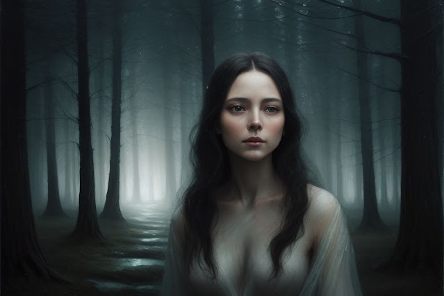 Mujer joven con pelo largo ondulado negro, con un vestido blanco en un bosque por la noche..