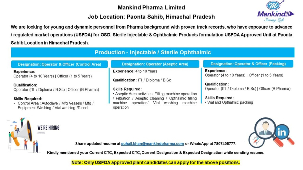 Job Availables,Mankind Pharma Limited Job Vacancy For Diploma/ BSc/ B.Pharm/ ITI