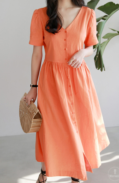  Button-Front Short Sleeve Midi Dress