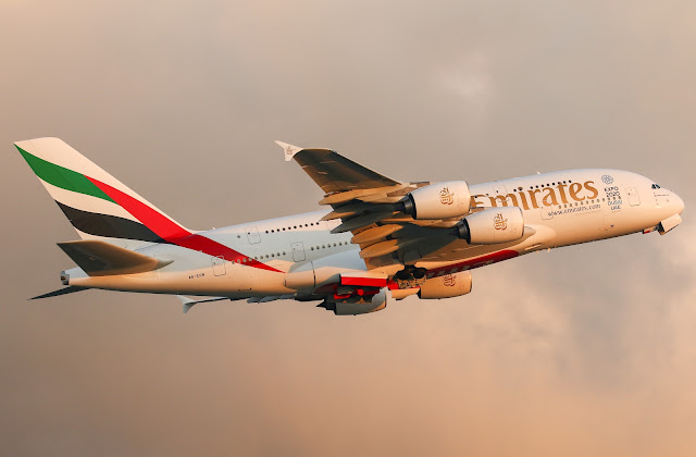 emirates a380 sunset scene