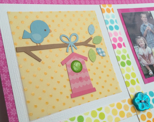 12x12 Easter Spring Scrapbook Page Layout with polka dot washi tape, a bird, and a button