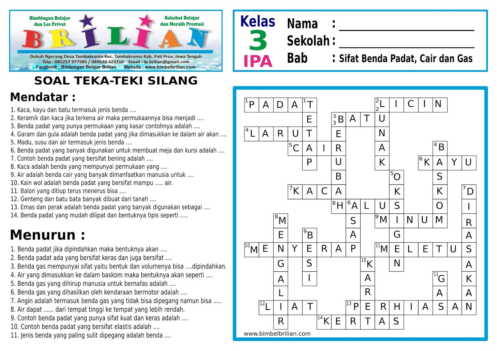 Soal Teka Teki Silang TTS  SD IPA Kelas 3 Bab Sifat Benda 