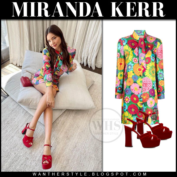 Miranda Kerr in floral print mini dress and red platform
