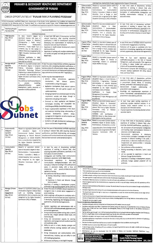 PFPP Punjab Family Planning Program Jobs 2024 Apply Via NTS