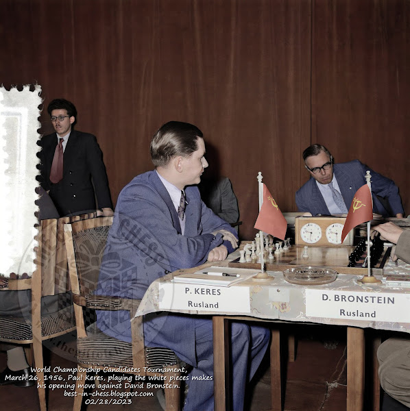 First Round World Chess Championship Candidates Tournament. Paul Keres (Russia) in his match against David Bronstein at Aula Vossiusgymnasium in Amsterdam, March 26, 1956.