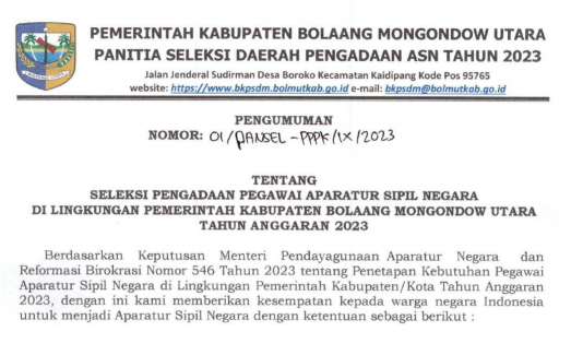Rincian Formasi Kebutuhan ASN PPPK Kabupaten Bolaang Mongondow Utara Provinsi Sulawesi Utara (SULUT) Tahun Anggaran 2023 pdf