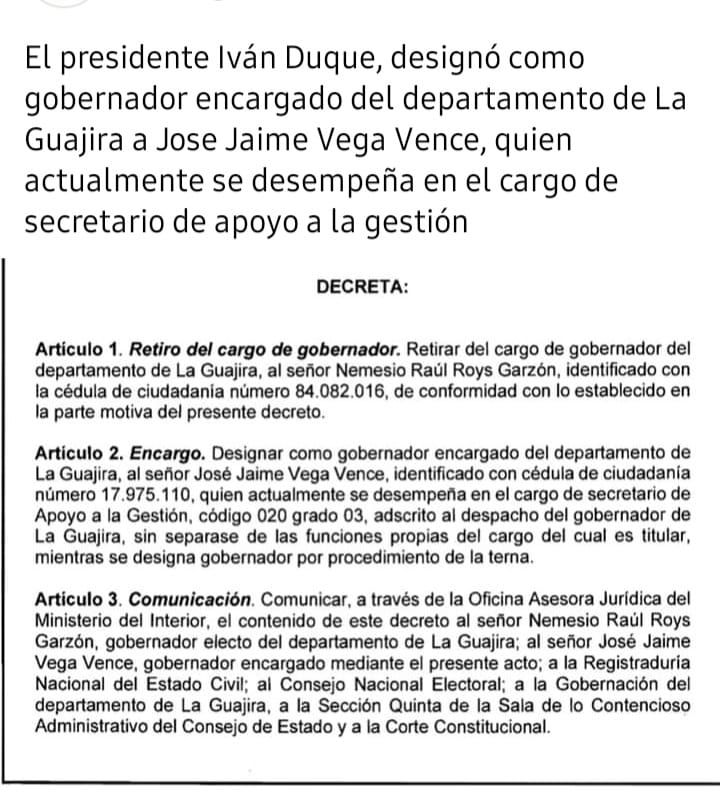 https://www.notasrosas.com/Presidente Duque designó a José Jaime Vega Vence como gobernador encargado de La Guajira
