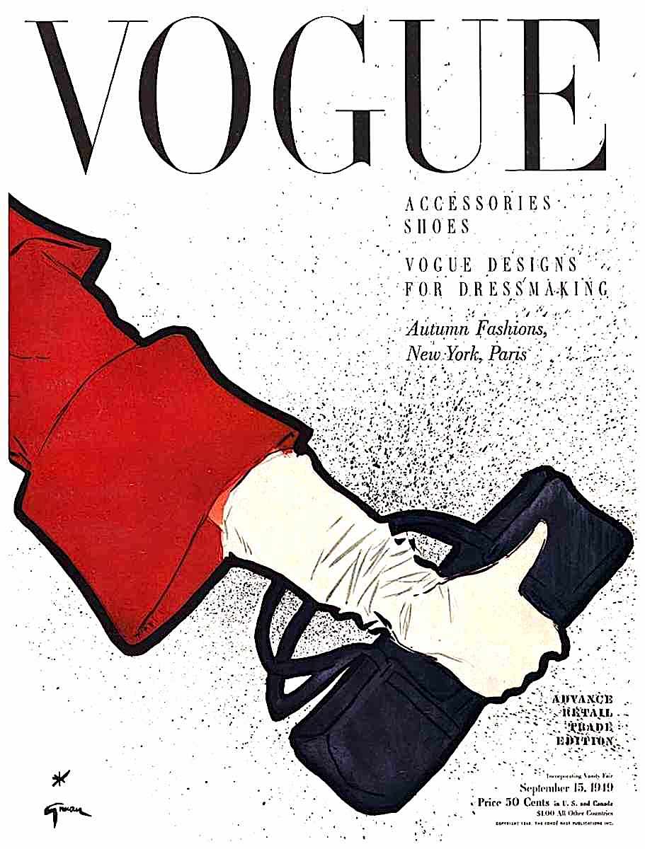 a Rene Gruau illustration for Vogue magazine, September 15 1949, a woman's arm holding a purse