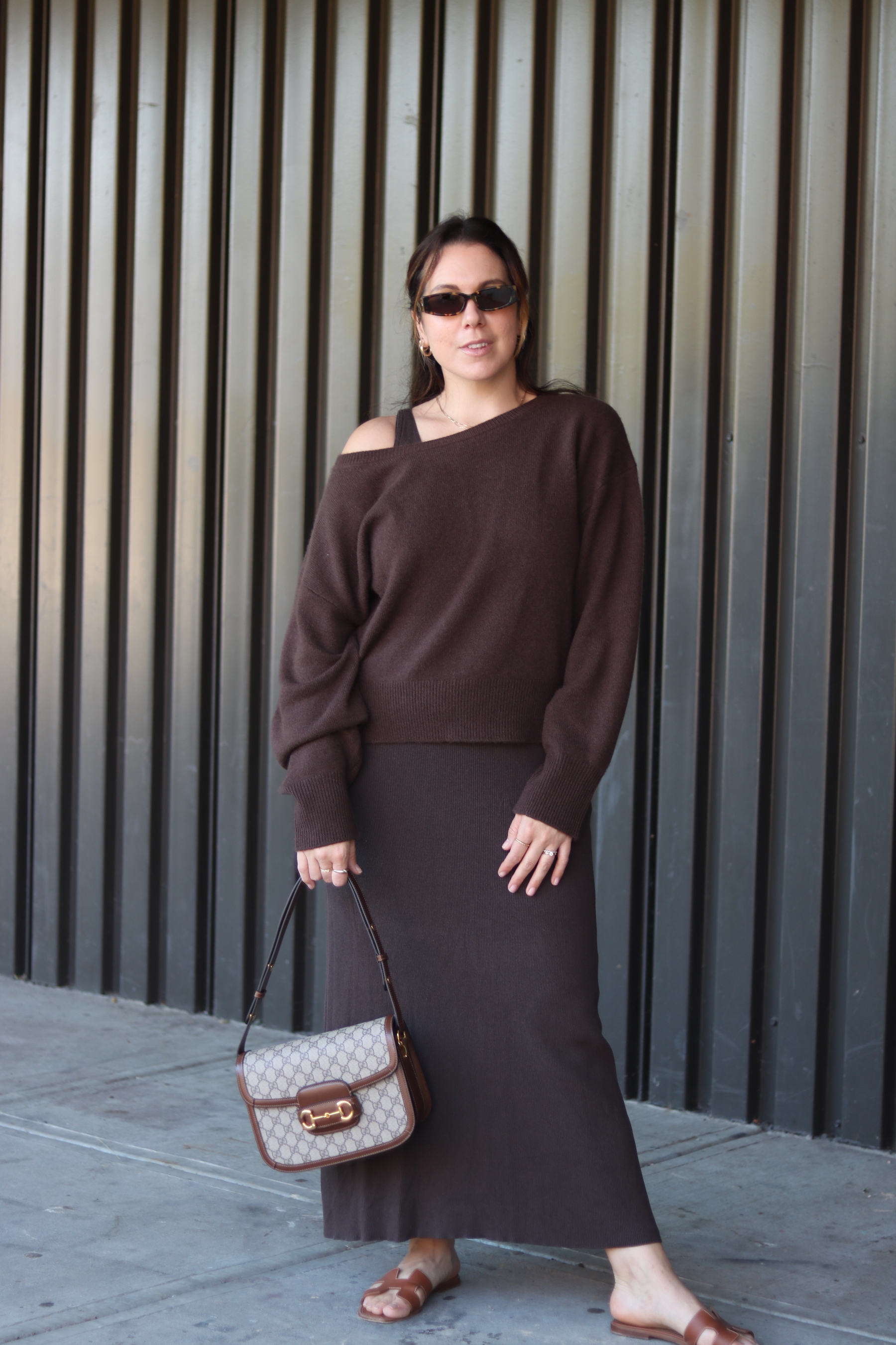 brown maxi dress outfit aritzia cashmere sweater gucci 1955 horsebit coastal grandmother