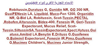 الأسماء التجارية الأخرى لدواء غايفينيسين    Robitussin,Duratuss G, Ganidin NR, GG 200 NR, GuaiFENesin LA, Liquibid, Muco-Fen 1200, Organidin NR, Q-Bid LA, Robitussin, Scot-Tussin,PECTAL  ,Robafen,Altarussin, Bidex-400, Fenesin IR, Geri-Tussin Expectorant, Mucus Relief, Scot-Tussin,SiltussinSA,TussinExpectorant,Xpect,Hytuss,Guiatuss,Amibid LA,Benylin E,Drituss G,Guaifenex G,Balminil Expectorant,,Fenesin IR,Pima,Guaifenex G,Mucinex Children's, Mucinex Junior Strength,