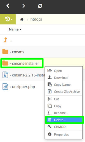 successfully deleted cmsms installer insdide htdocs folder