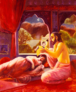 At dead of night, while Kansa and all his guards are asleep, Vasudeva takes the newborn Krishna for Yashoda’s newborn daughter. Pahari painting, eighteenth century. Bharata Kala Bhavan, Banaras Hindu University. 