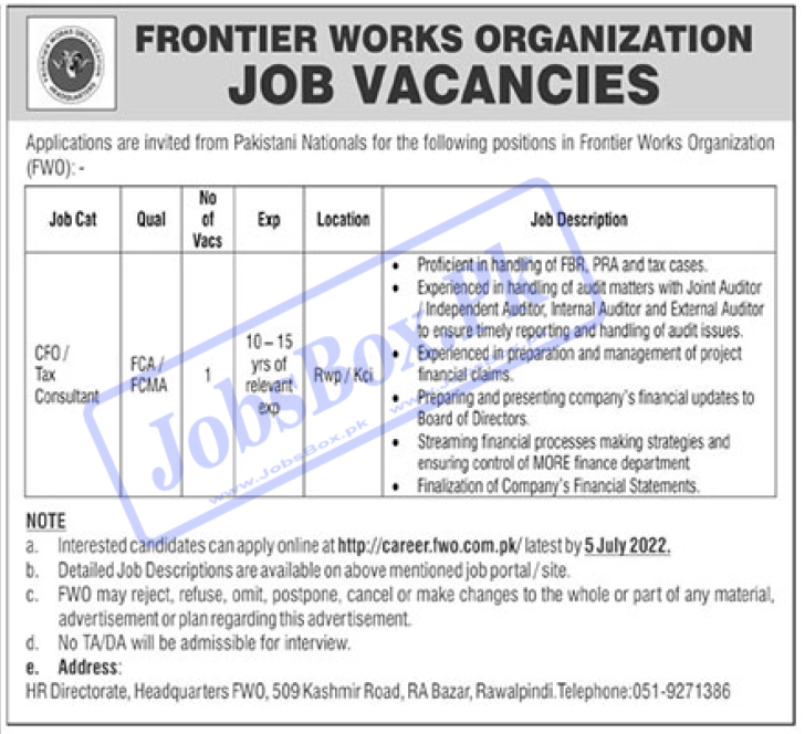 Frontier Works Organization FWO Jobs 2022 I government jobs in Pakistan 2022