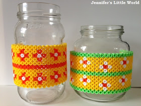 Hama bead covered jam jars craft