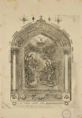 The miraculous icon of Tinos "The Annunciation of the Virgin Mary". Copper engraving by Fragiskos Desipris, Tinos, 1858.