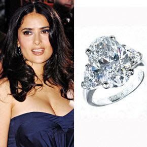 Celebrity Wedding on Salma Hayek Wears A Five Carat Oval Cut Diamond With Trillions On Each